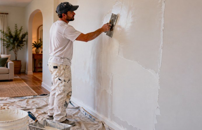 Drywall finisher troweling a smooth skim coat finish on a living room wall