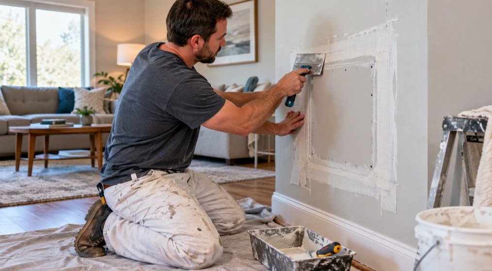 Technician applying mesh tape and compound around a new drywall patch