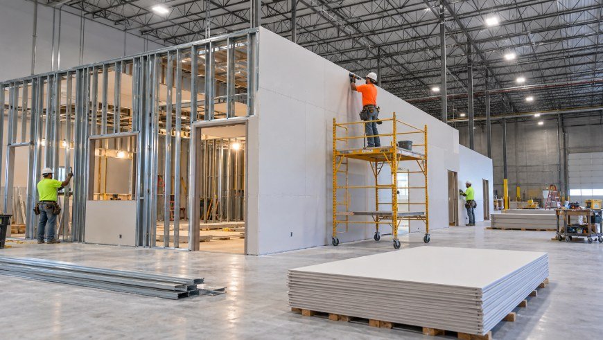 Metal stud framing and drywall for offices built inside a warehouse